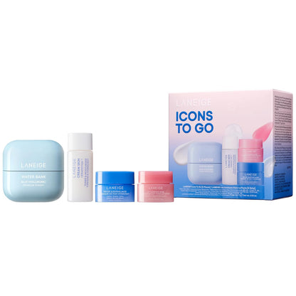 Icons to Go Set: Cream Skin, Water Bank Cream, Lip Sleeping Mask, Water Sleeping Mask, Travel Size, Full Size, Hydrate, Barrier-Boosting