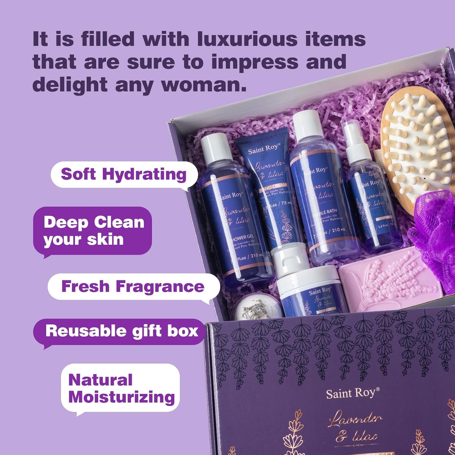 Birthday Gifts for Women, Lavender Relaxing Spa Gifts Basket Set for Women, Self Care Gift Unique Happy Birthday Gifts Idea for Mom Her with Massage Body Rush, Bath Bomb, Christmas Gift