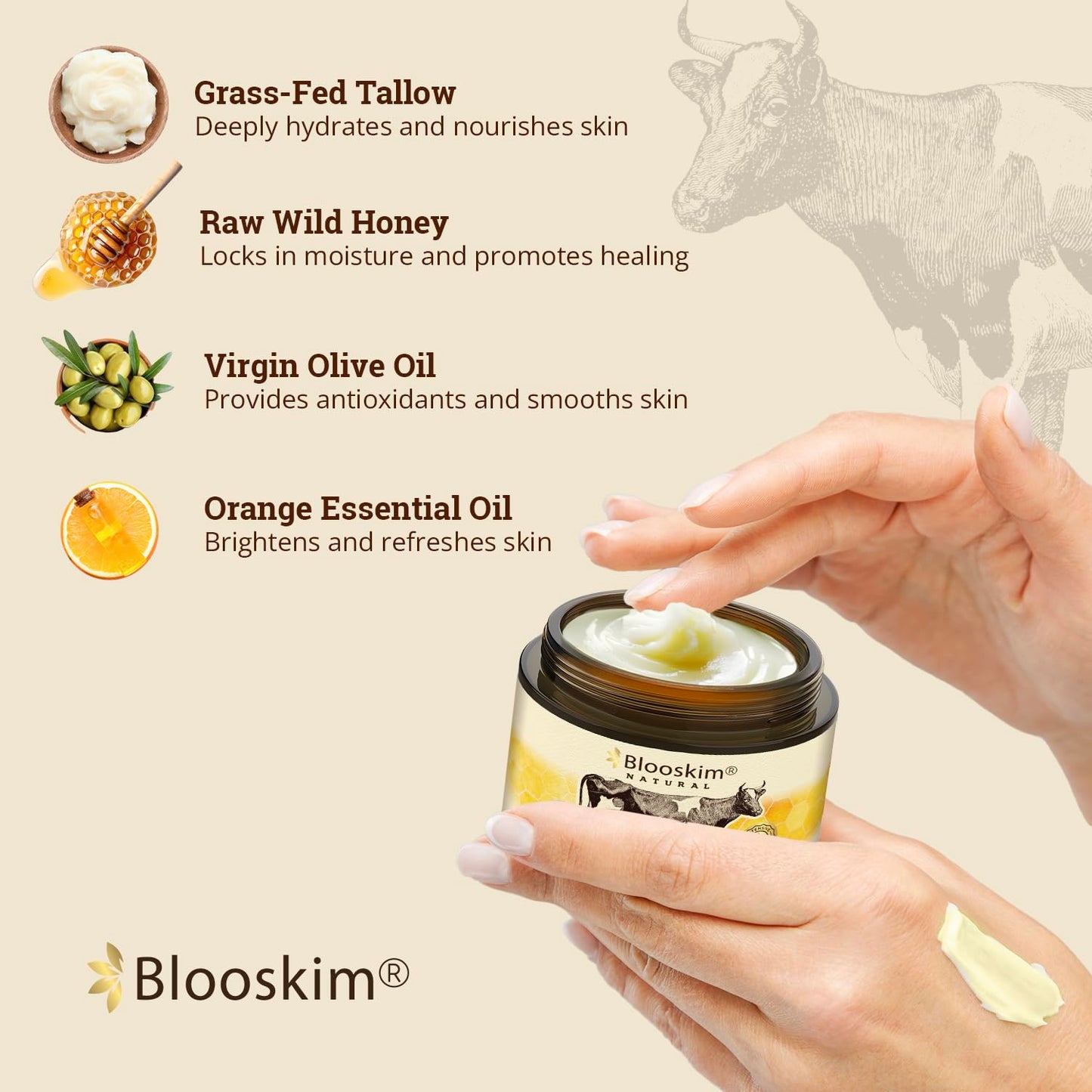 Beef Tallow and Honey Balm, 4.23 Oz, Whipped Grass Fed Beef Tallow Face Moisturizer, Unscented/Herb-Infused for Women and Men