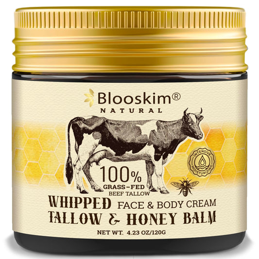 Beef Tallow and Honey Balm, 4.23 Oz, Whipped Grass Fed Beef Tallow Face Moisturizer, Unscented/Herb-Infused for Women and Men