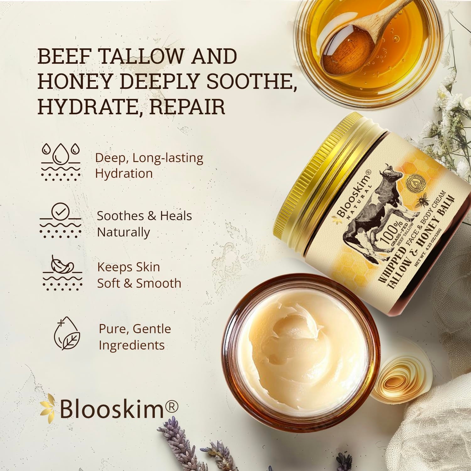 Beef Tallow and Honey Balm, 4.23 Oz, Whipped Grass Fed Beef Tallow Face Moisturizer, Unscented/Herb-Infused for Women and Men