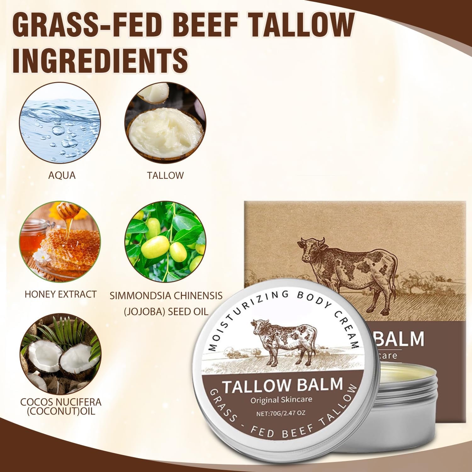 Beef Tallow for Skin, Beef Tallow for Face Moisturizer, Tallow and Honey Balm, Natural Moisturizer Body Cream, Natural Organic Grass Fed Beef Tallow for Body Moisturizer Skin Care for Sensitive Skin