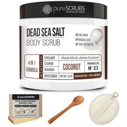 Premium Coconut Body Scrub Set - Large 16Oz Dead Sea Salt Body Scrub with Infused Essential Oils & Nutrients, Includes Wooden Spoon, Loofah & Oatmeal Exfoliating Bar Soap